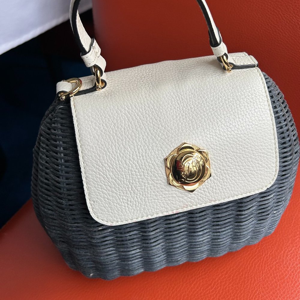 Draper James Navy Blue Straw Purse Bag with Leather Upper